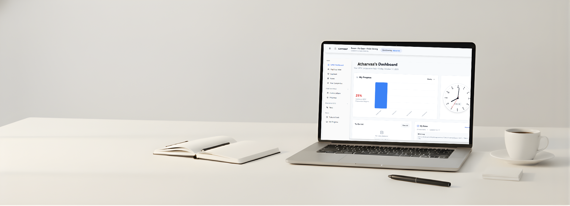 UPSC Dashboard on laptop with study materials